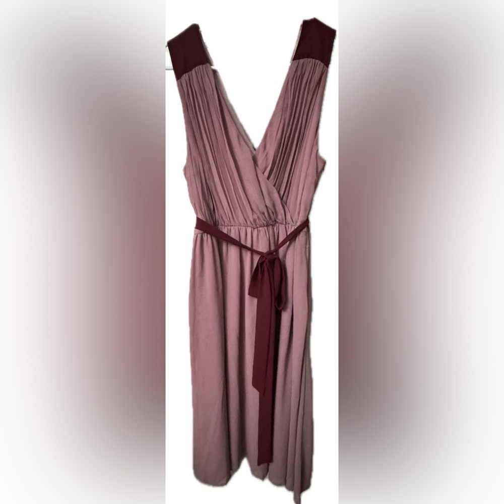 ModCloth V-Neck Mauve Dress with Burgundy Tie and Shoulder Detail